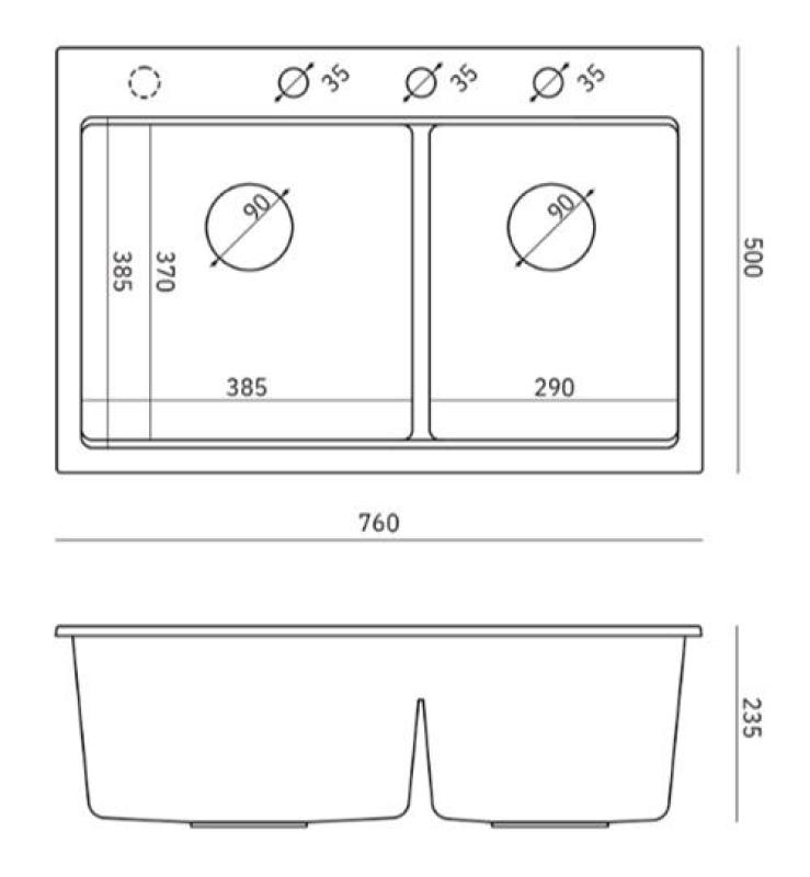 Quadri Hard Rock Dubbele Witte Graniet Opbouw Spoelbak 76x50 cm met RVS plug en accessoires 1208971398