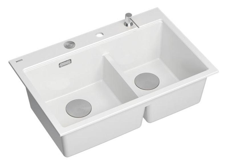 Quadri Hard Rock Dubbele Witte Graniet Opbouw Spoelbak 76x50 cm met RVS plug en accessoires 1208971398