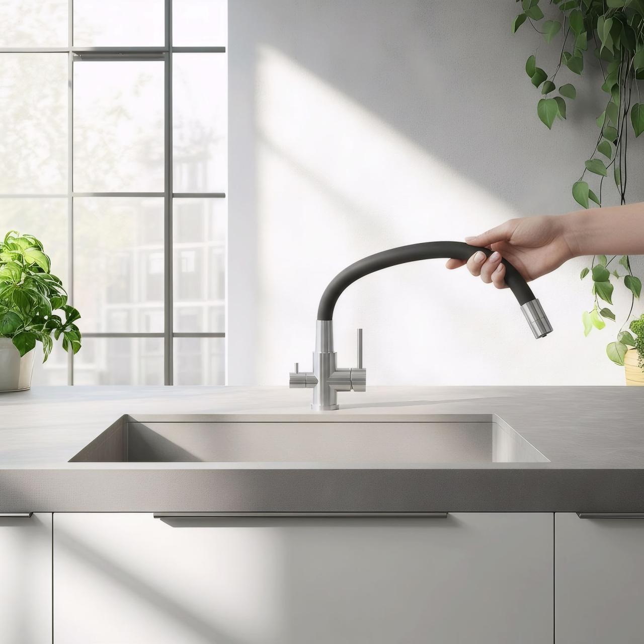 Quadri Selene Keukenmengkraan RVS 3-weg met flexibele uitloop en extra aansluiting voor gefilterd water 1208971407