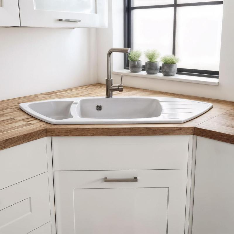 Graniteland Monte Granieten witte Hoekspoelbak opbouw 901x538mm met RVS Plug 1208971415