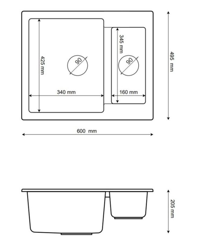 Graniteland Adda Granieten zwarte 1.5 Spoelbak Opbouw 600x495mm 1208971454
