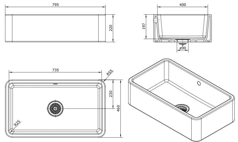 Ausmann Ceramic Mira Keramische Witte Spoelbak - Onderbouw en Tussenbouw 795 x 460 mm met Gouden plug 1208971466