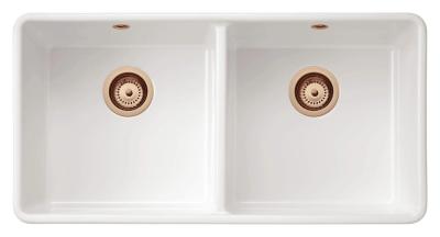 Ausmann Ceramic Mira Keramische Witte Dubbelle Spoelbak - Onderbouw en Tussenbouw 890 x 456 mm met Koperen pluggen 1208971472