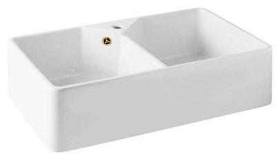 Ausmann Ceramic Mira Keramische Witte Dubbelle Spoelbak - Onderbouw en Tussenbouw 793 x 450 mm met kraangatbank en Gouden plug 1208971476