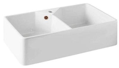 Ausmann Ceramic Mira Keramische Witte Dubbelle Spoelbak - Onderbouw en Tussenbouw 793 x 450 mm met kraangatbank en Koperen plug 1208971477