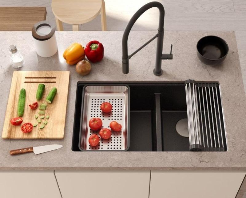 Quadri Newport II Dubbele Beige Graniet Opbouw Spoelbak 76x45 cm met RVS plug 1208971754