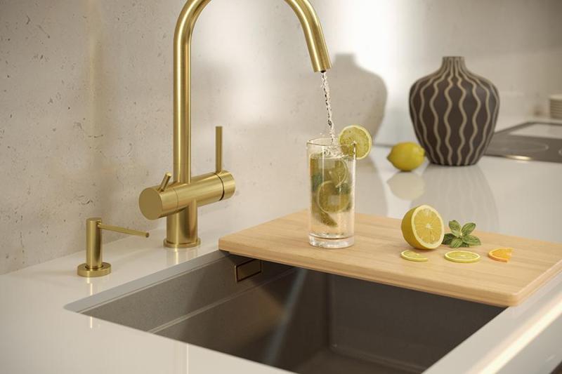 Quadri Newport II graniet onderbouw beige spoelbak 560x450mm met gouden plug en afvoerkapje 1208971765