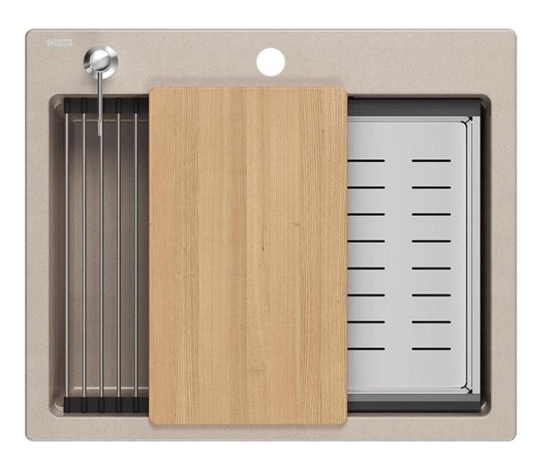 Quadri Durham Pearl Beige graniet opbouw spoelbak 595x500 met zeepdispenser, snijplank,inzetbak en rolmat 1208971814