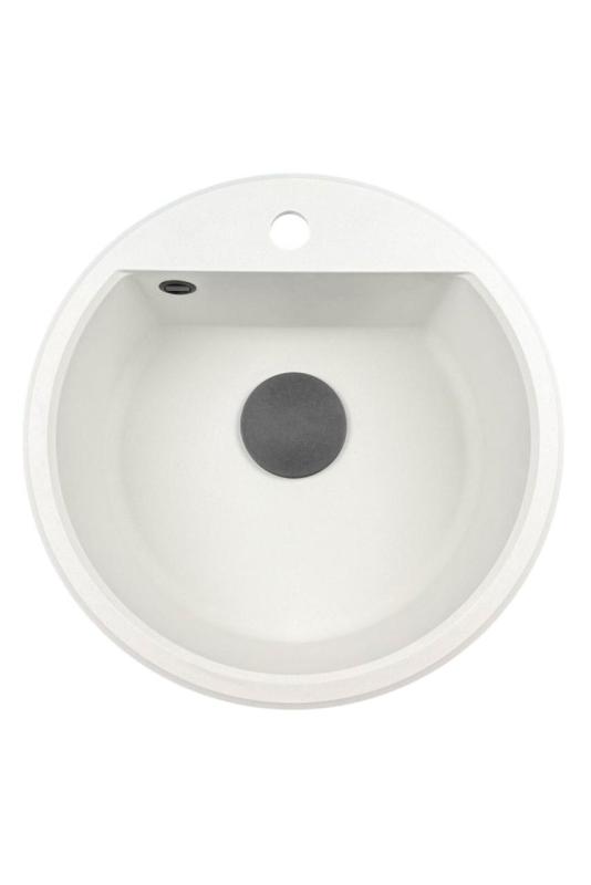 GraniteMy Bremen ronde granieten spoelbak 43 cm wit, opbouw en onderbouw, met kraangatbank en automatische zwarte plug 1208971846