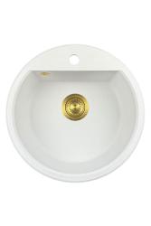 GraniteMy Bremen ronde granieten spoelbak 43 cm wit, opbouw en onderbouw, met kraangatbank en automatische gouden plug 1208971848
