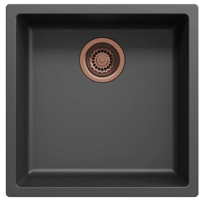 Ausmann Fibre zwarte spoelbak 40x40cm onderbouw, opbouw en vlakinbouw met automatische koperen plug 1208971852