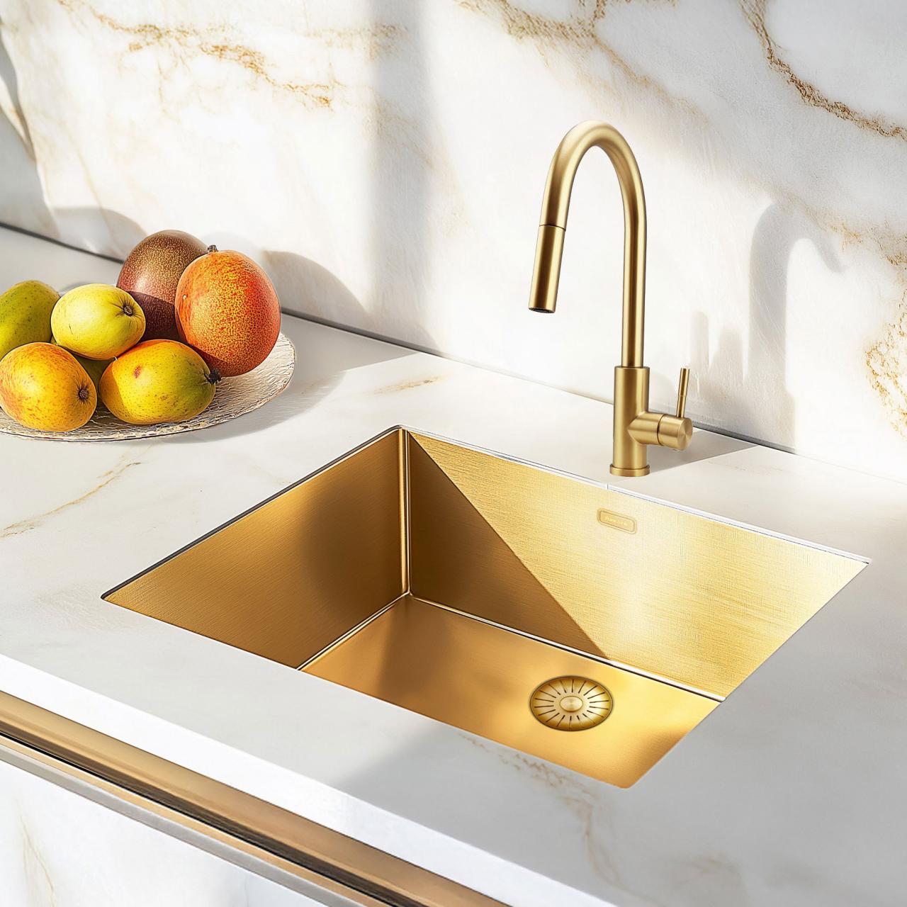 Licht bekrast Pure.Sink Elite Steel Stream-S keukenkraan PVD geborsteld goud met uittrekbare uitloop 1208971857