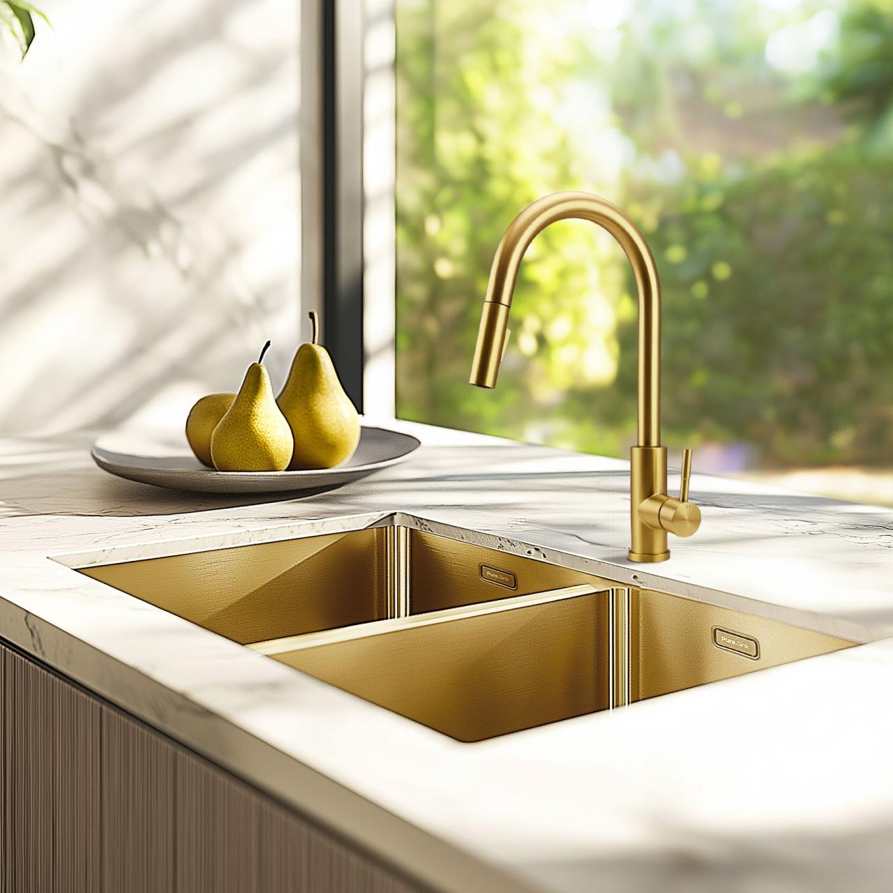 Licht bekrast Pure.Sink Elite Steel Stream-S keukenkraan PVD geborsteld goud met uittrekbare uitloop 1208971857