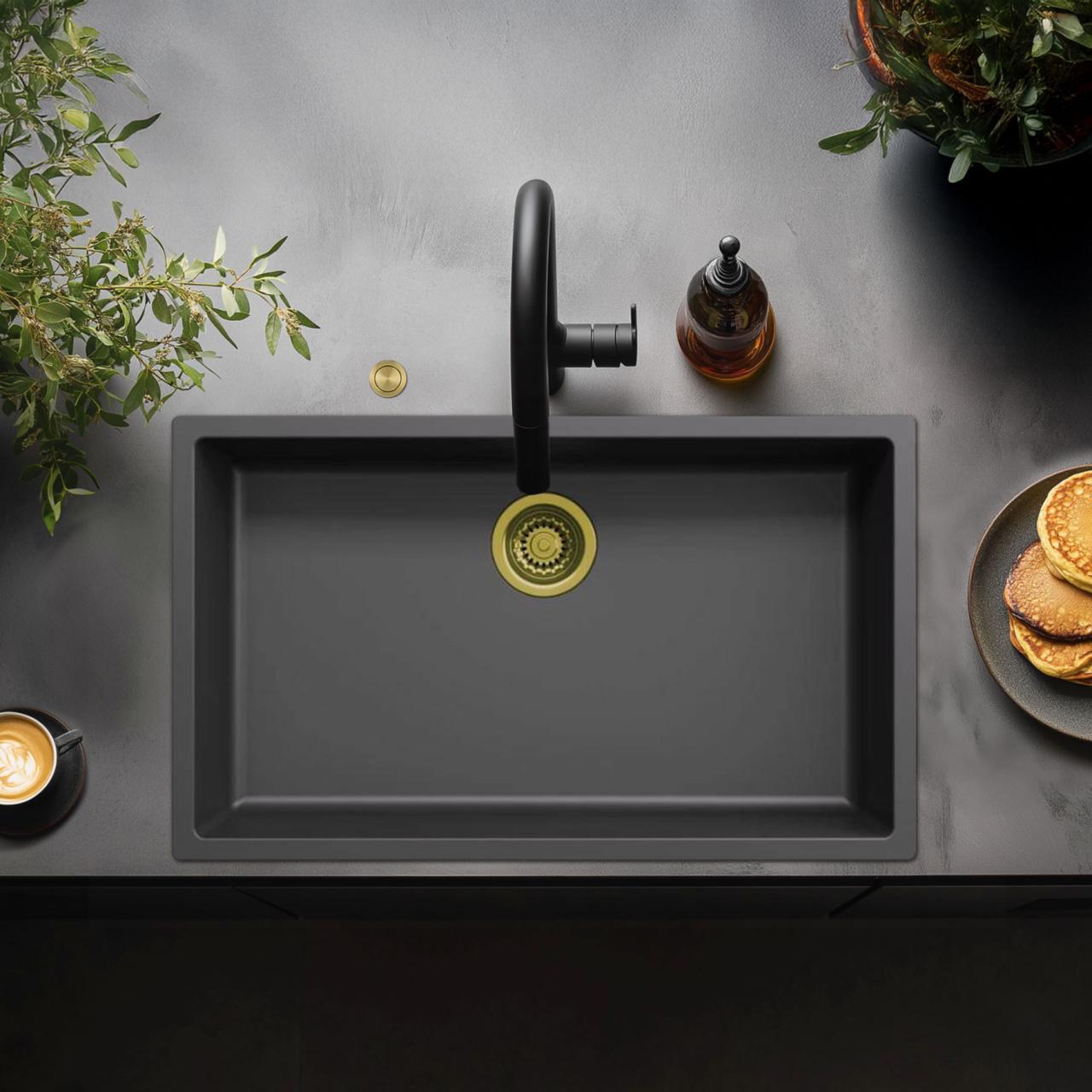 Ausmann Fibre zwart grote spoelbak 70x40cm onderbouw, opbouw en vlakbouw met automatische gouden plug 1208971864