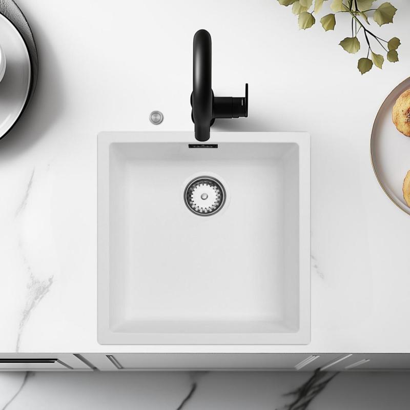 Ausmann Fibre witte spoelbak 40x40cm onderbouw, opbouw en vlakinbouw met automatische rvs plug 1208971891