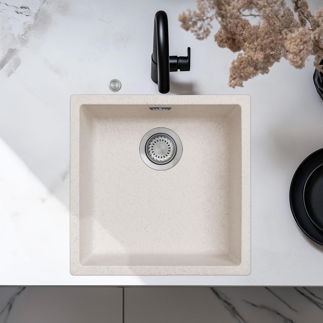 Ausmann Fibre zand witte spoelbak 40x40cm onderbouw, opbouw en vlakinbouw met automatische RVS plug 1208971925