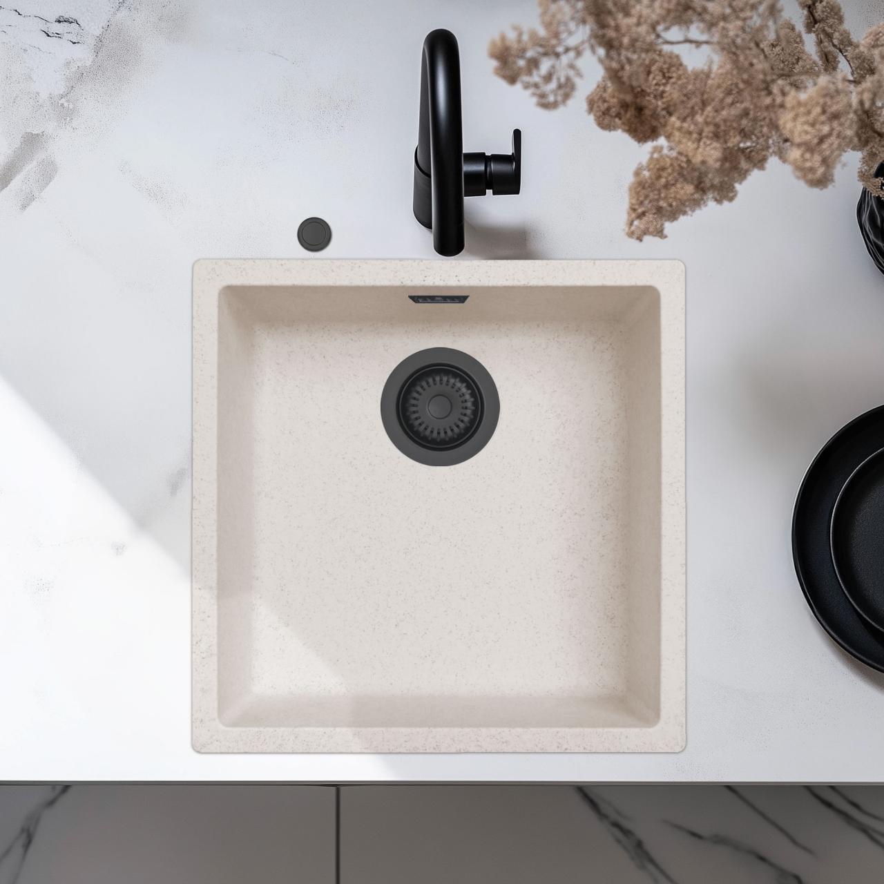 Ausmann Fibre zand witte spoelbak 40x40cm onderbouw, opbouw en vlakinbouw met automatische zwarte plug 1208971926