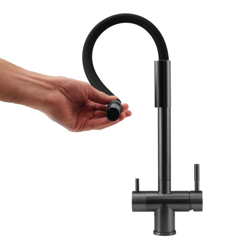 Pure.Sink Elite Steel Flex 3-weg PVD gun metal keukenkraan met flexibele uitloop en Gefilterd Water PS8110-61