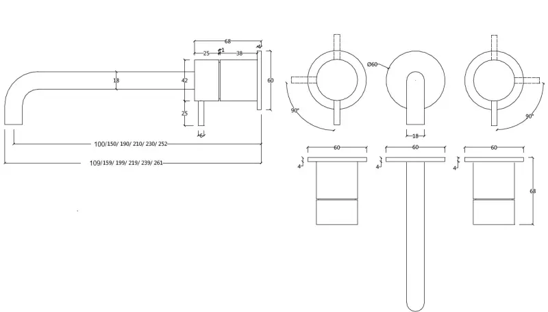 Waterevolution Flow 3-gats Inbouw Wastafelkraan PVD Witte Goud met uitloop 21 cm T1163FWGE-21