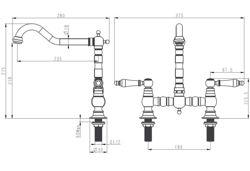 Aquanello Heritage Manor Klassieke Keuken Nostalgische Brug Keukenkraan Chroom met Witte Hendel CR-0010-HM