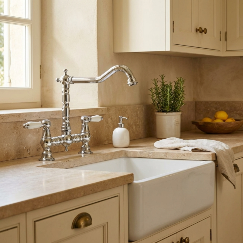 Aquanello Heritage Manor Klassieke Keuken Nostalgische Brug Keukenkraan Chroom met Witte Hendel CR-0010-HM