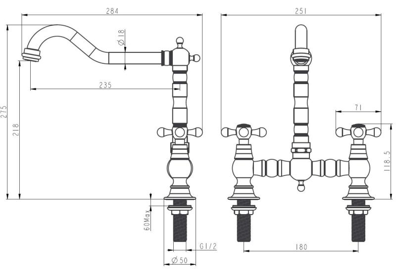 Aquanello Heritage Ascot Klassieke Keuken Nostalgische Brug Keukenkraan Zwart met Kruishendels BL-4001-HA