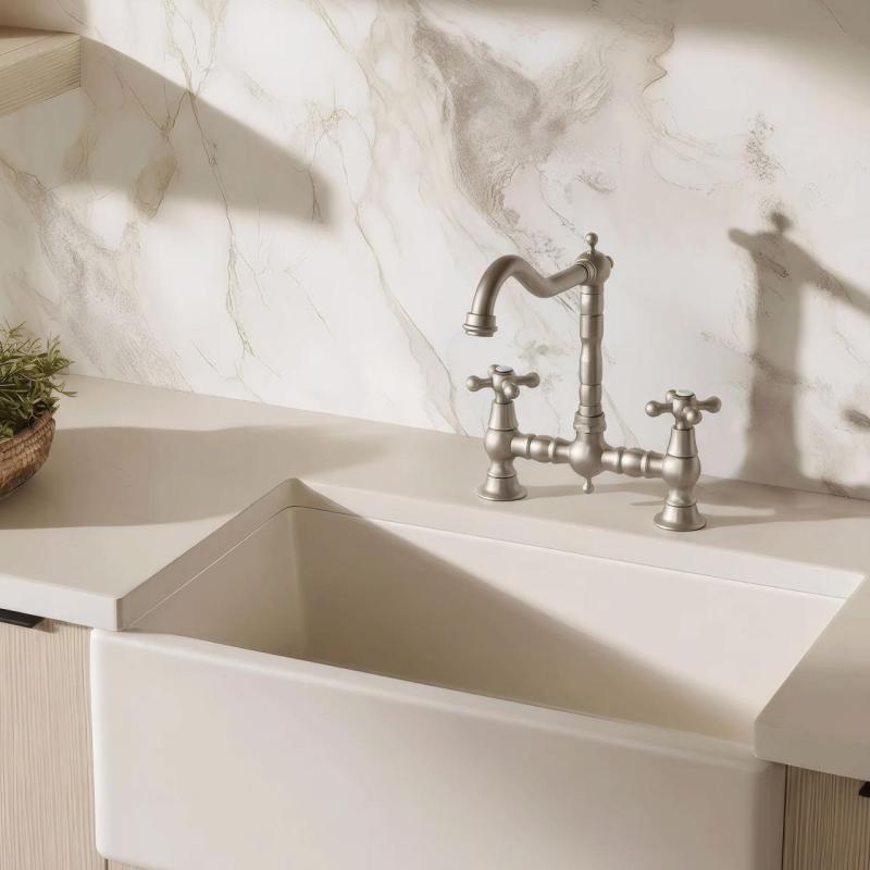 Aquanello Heritage Ascot Klassieke Keuken Nostalgische Brug Keukenkraan RVS met Kruishendels NB-0011-HM