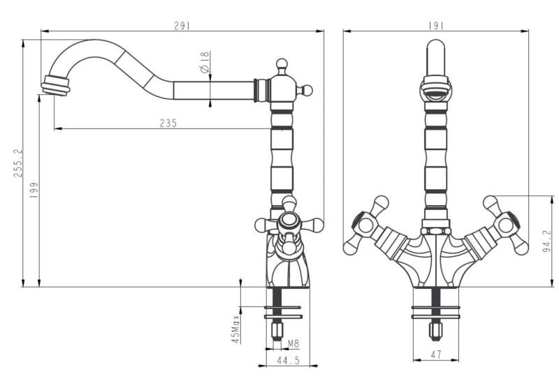 Aquanello Heritage Ascot Klassieke Keuken Nostalgische Keukenkraan RVS met Haakse Uitloоp NB-4002-HA