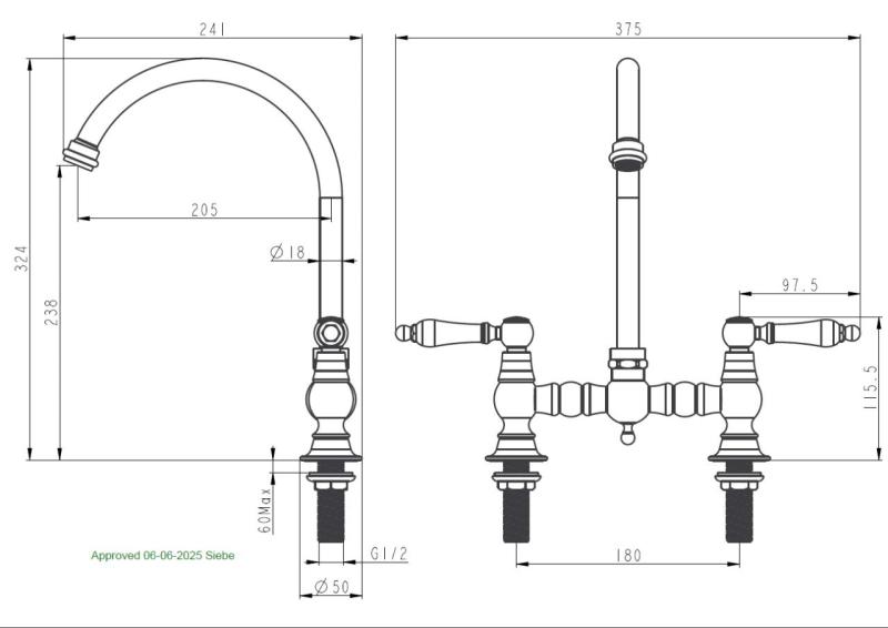 Aquanello Heritage Manor Klassieke Keuken Nostalgische Brug Keukenkraan Brons met Witte Hendel en ronde Uitlop BN-0011-HM