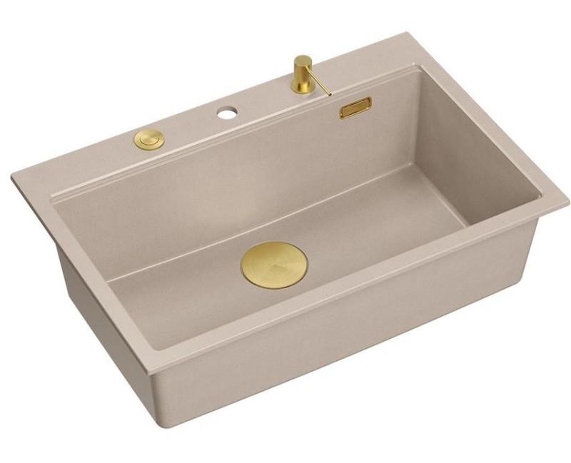 Quadri Hard Rock Beige granieten opbouw grote spoelbak 76x50cm inclusief gouden plug en accessoires 1208972701
