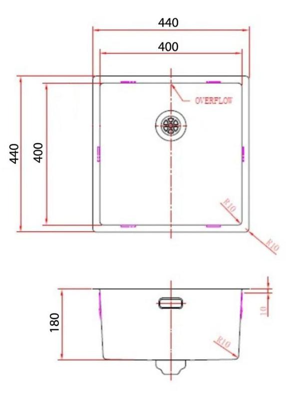 Pure.Sink Comfort RVS spoelbak 40x40 cm 10mm radius onderbouw, vlakbouw en opbouw PCM4040-02