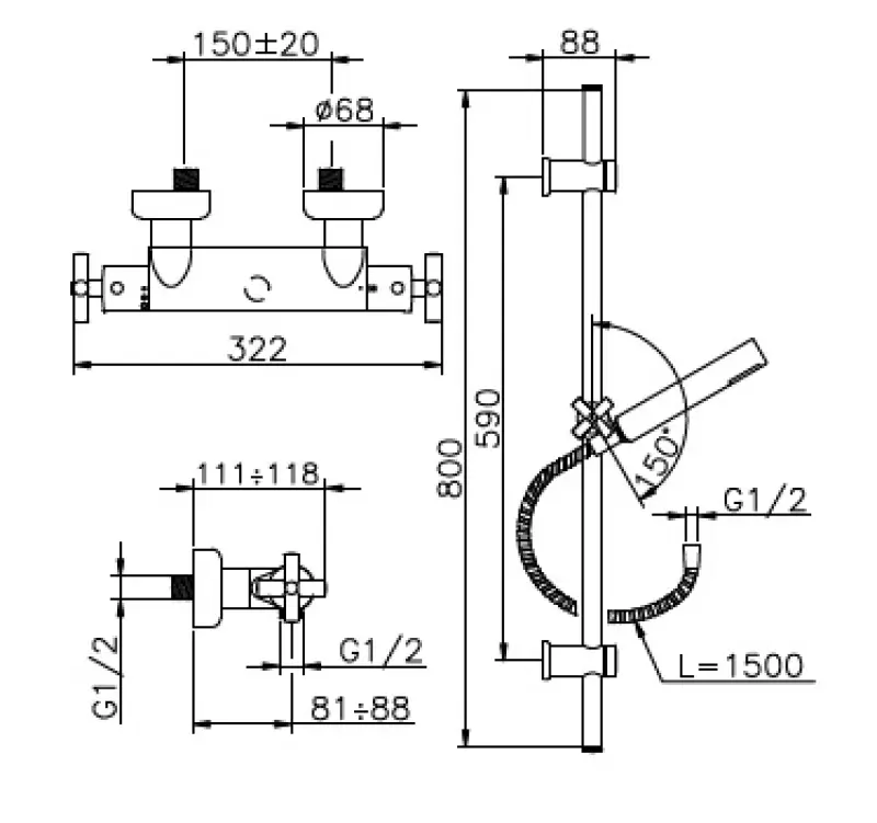Huber Suite Opbouw douchethermostaat met glijstangset 190ST01HCR